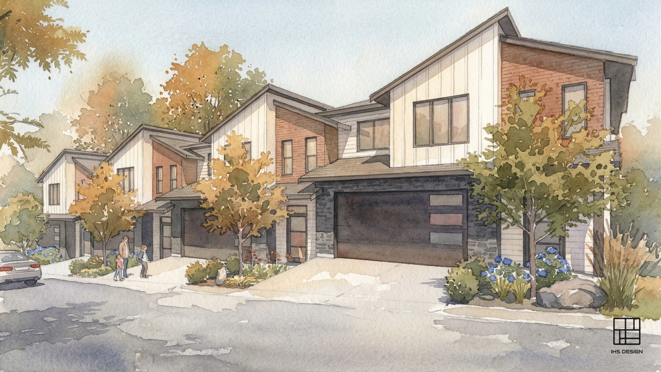 A rendering showing one of the Paramount Peak building types adapted to the hillside site.