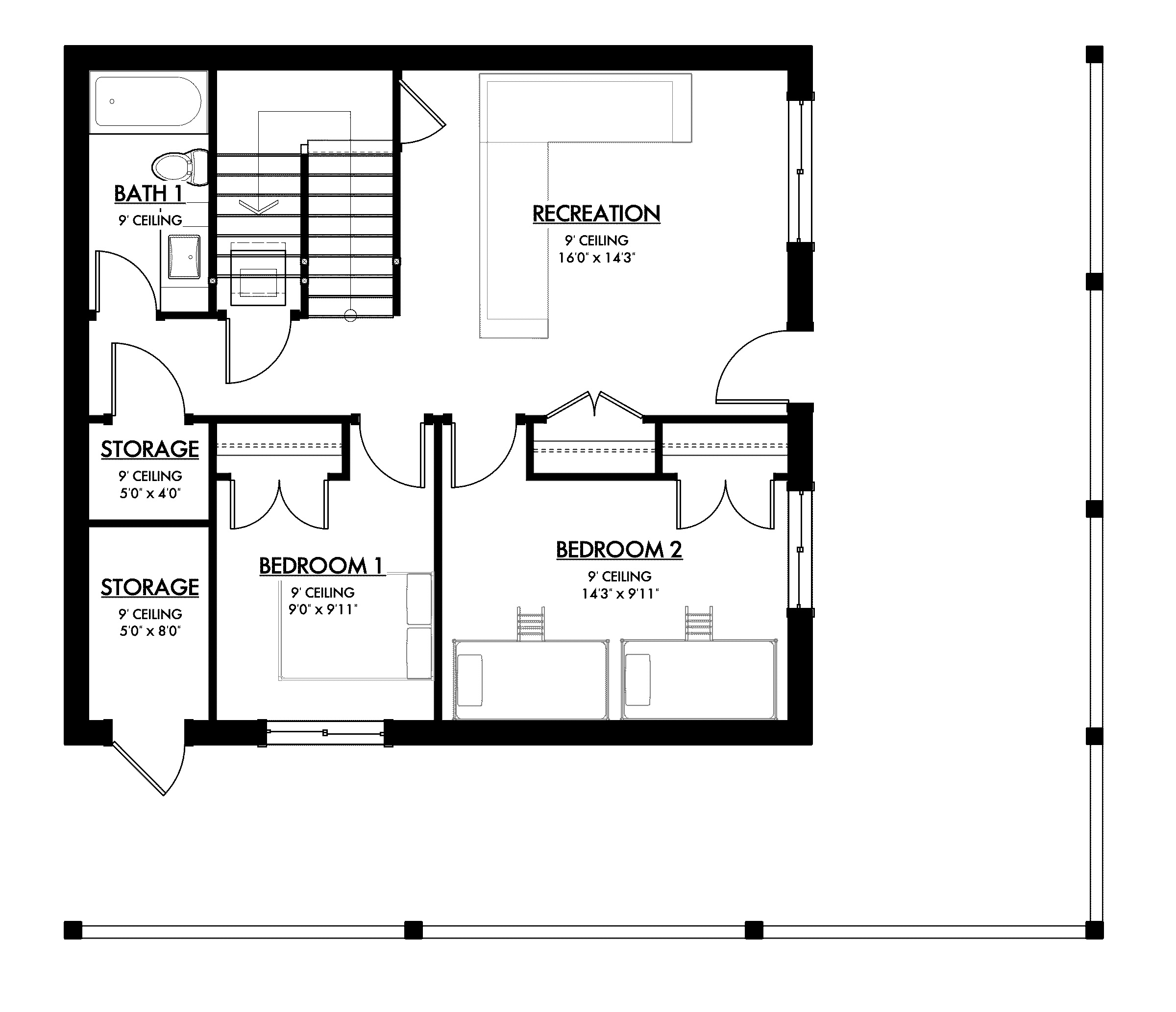Lower level floor plan drawing for Sugar Lake Cabin